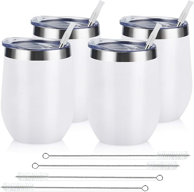 Lifecapido 4 Pack 12Oz Stainless Steel Stemless Wine Glasses, Insulated Wine Tumbler, Stainless Steel Wine Tumbler Cups with Lids and Straws for Coffee, Cocktails, Wine, Champaign, White - Bloomnest