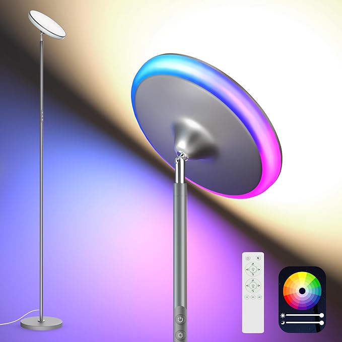 Bright Floor Lamp,42W 3700LM LED Torchiere Floor Lamps for Living Room, 71in. Modern Tall Standing Light with Remote,Color & Brightness Dimmable Sky Light,1/2/3H Timer for Bedroom,Office(Gray) - Bloomnest
