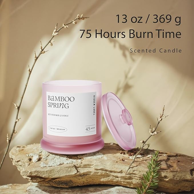 Hidden Label Spring Bamboo Scented Candle | 2 Wick Large Candles for Home Scented 13oz 75Hour Long Lasting Slow Burning | Aromatherapy Candle for Home Decor, Stress Relief & Relaxation - Bloomnest