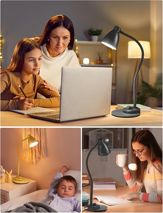 BOHON LED Desk Lamp with USB Charging Port 3 Color Modes Dimmable Reading Light Intelligent Induction Auto Dimming Task Lamp Flexible Gooseneck Table Lamp for Bedside Office, AC Adapter Include - Bloomnest