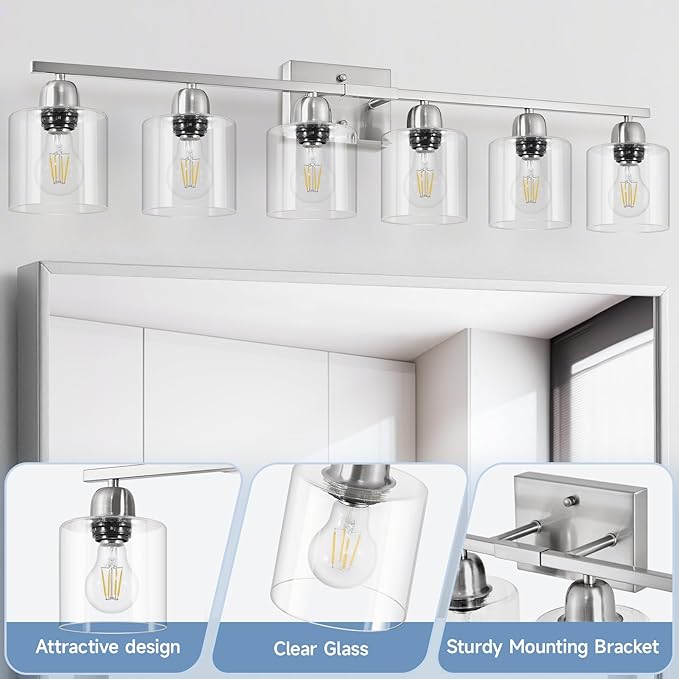 Modern Brushed Nickel 6 Light 38 inch Vanity Lights for Bathroom with Clear Glass, Vanity Light for Mirror Kitchen Living Room Hallway Cabinet Porch - Bloomnest