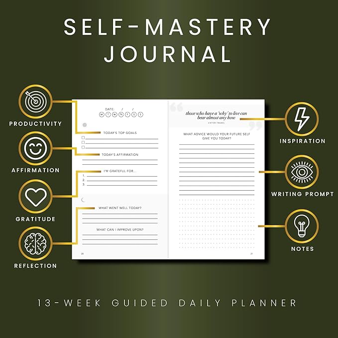 Self-Mastery Journal for Men - Gratitude Journal – 5 Minute Journals - Reflection Manifestation Journal for Mindfulness – Goal/Guided Gratitude Journel for Women & Men (Olive) - Bloomnest