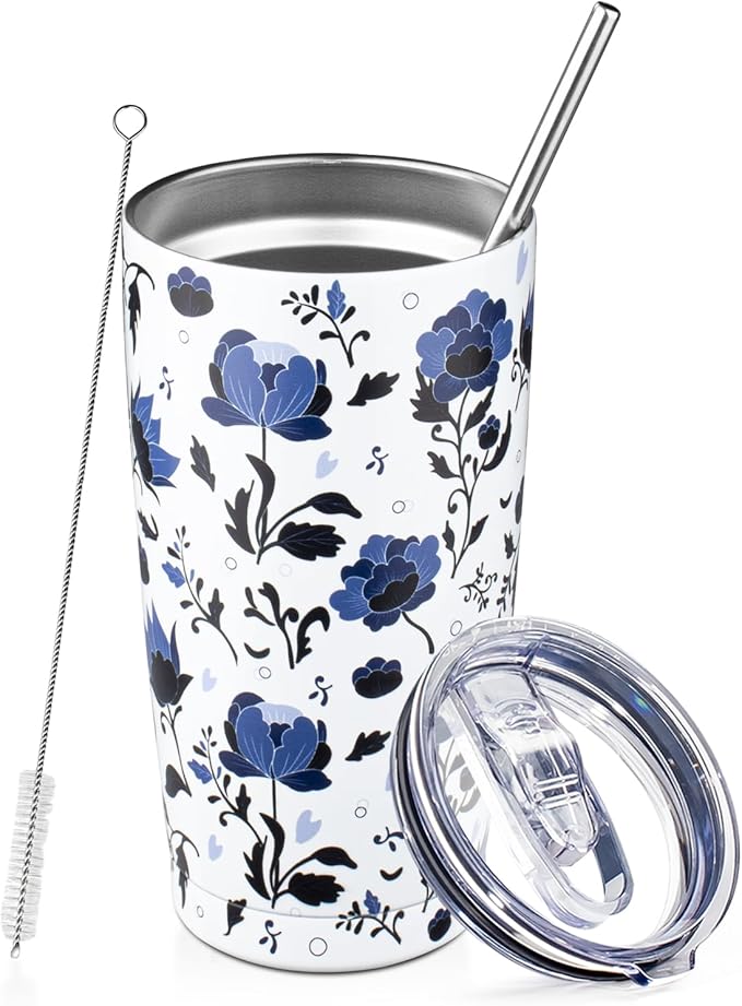 20oz Tumbler with Lid and Straw Double Wall Powder Coated Vacuum Insulated Coffee Tumbler Stainless Steel Travel Coffee Mug Spill-Proof Thermal Cup for Hot and Cold Beverage,Blue and White Porcelain - Bloomnest