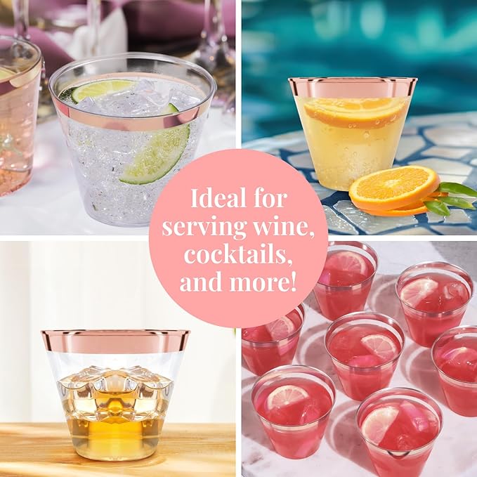 Prestee 100 Rose Gold Plastic Cups - Rose Gold Plastic Cups 9 oz - Party Decorations - Disposable Wine Cup - Clear Cup - Bulk Party Wine Glasses - Bloomnest