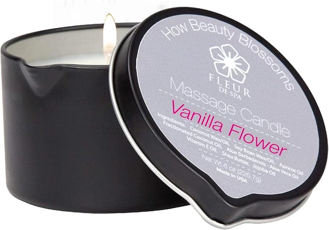 FLEUR DE SPA Massage Oil Candle – 6oz with Pour Spout – Made in USA – All Natural Coconut & Soy Blend – Melts to Warm, Alluring & Hydrating Body Oil – Perfect Spa & Gift Candle (Vanilla Flower) - Bloomnest