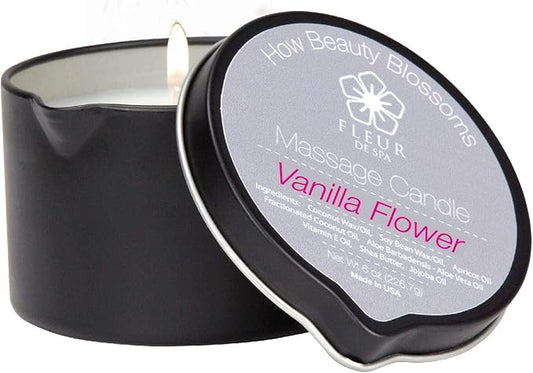 FLEUR DE SPA Massage Oil Candle – 6oz with Pour Spout – Made in USA – All Natural Coconut & Soy Blend – Melts to Warm, Alluring & Hydrating Body Oil – Perfect Spa & Gift Candle (Vanilla Flower) - Bloomnest