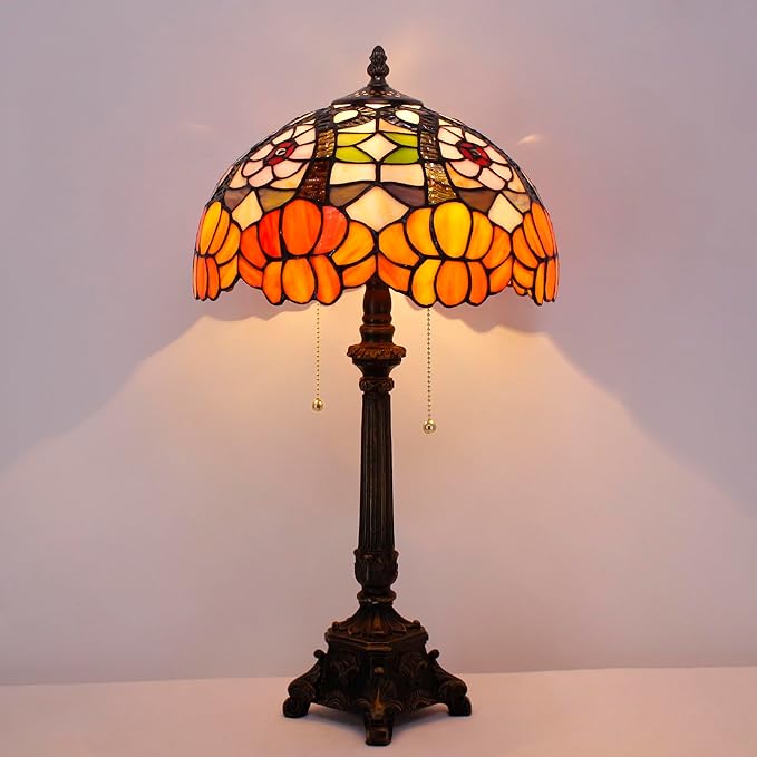 Tiffany Lamp Orange Flower Style Stained Glass Table Lamp Desk Reading Light 12X12X21 Inches with Resin Base Decor Bedroom Living Room - Bloomnest