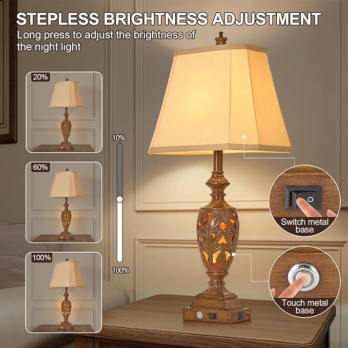 29.5"H Touch Control Traditional Table Lamp with Dual USB Ports, Set of 2, 3-Way Dimmable Hollow Out Leafwork Bronze Wood Finish Vintage Bedside Nightstand Desk Lamps for Living Room,Bedroom