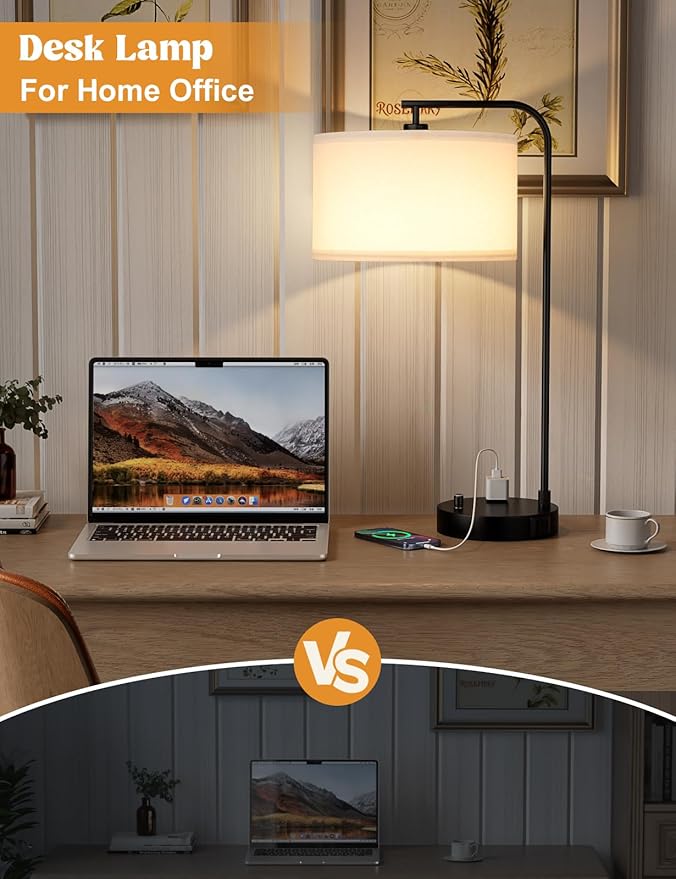 White Side Table Lamp with USB Port and Outlet, Dimmable Nightstand Bedside Lamps with Linen Lampshade, Desk Lamp for Bedroom, Living Room, Guest Room, Home Office, LED Bulb Included - Bloomnest