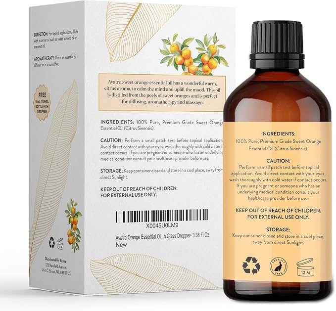 Avatra Brazilian Sweet Orange Essential Oil 100ml (3.38oz) - 100% Pure & Natural Orange Oil with Glass Dropper & Travel Bottle - Premium Essential Oil for Diffuser, Aromatherapy, Massage & DIY Candles - Bloomnest