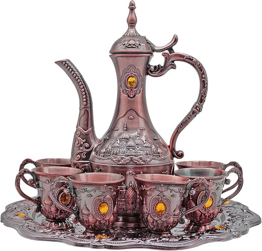 Vintage Turkish Coffee Pot Set for 6 Including Tray and Teapot,Metal Cups,Teapot and Cup Set for One,Tea Service Set for Home Tea Table Decor,Wedding Ornaments(Copper)