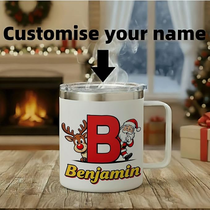 Personalized Christmas Mug with Name Initial - Cute Peekaboo Santa & Reindeer 12oz Insulated Stainless Steel Coffee Cup Tumbler with Handle & Lid - Fun Holiday Xmas Gifts for Kids, Girls (B170) - Bloomnest