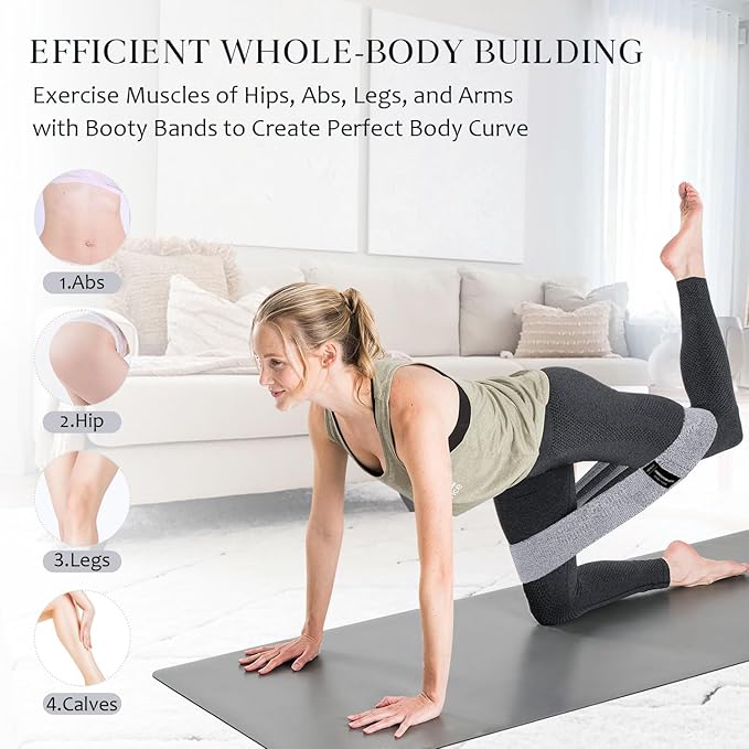 Wide Fabric Resistance Bands for Working Out, 3 Level Non-Slip Exercise Booty Bands for Women & Men Leg and Glutes with Hair Ties and Tape Measure - for Home Gym Workout, Yoga, Pilates - Bloomnest