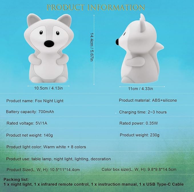 Fox Night Lights for Kids, Light for Children's Room, Animal Lights 9 Colors Changing for Girls and Boys Room Decor, Cute Lamps for Bedroom, Sleep Night-Light, Birthday Present - Medium - Bloomnest