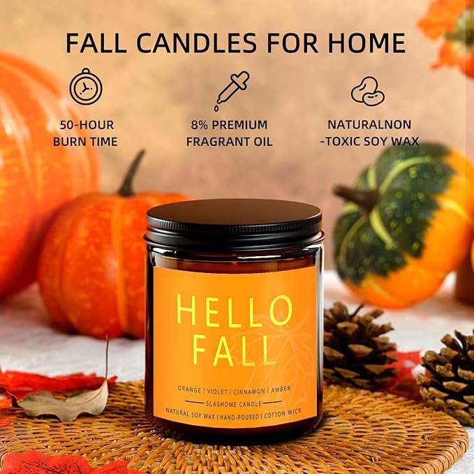 Fall Scented Candles Hello Fall 7oz – Warm Pumpkin Spice & Sweet Apple Soy Wax Candle for Cozy Autumn Home Décor, Perfect Fall Gift, 50 Hour Long Burn - Bloomnest
