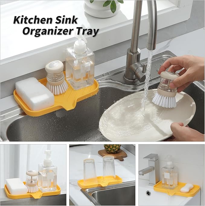 Silicone Bathroom Soap Dishes with Drain Spout-Bathroom and Kitchen Sink Organizer,Sponge Holder,Dish Soap Tray,Perfect for Dispenser,Scrubber,Bottle,Cup on Sink or Counter-Yellow 9.6"×5.3" - Bloomnest