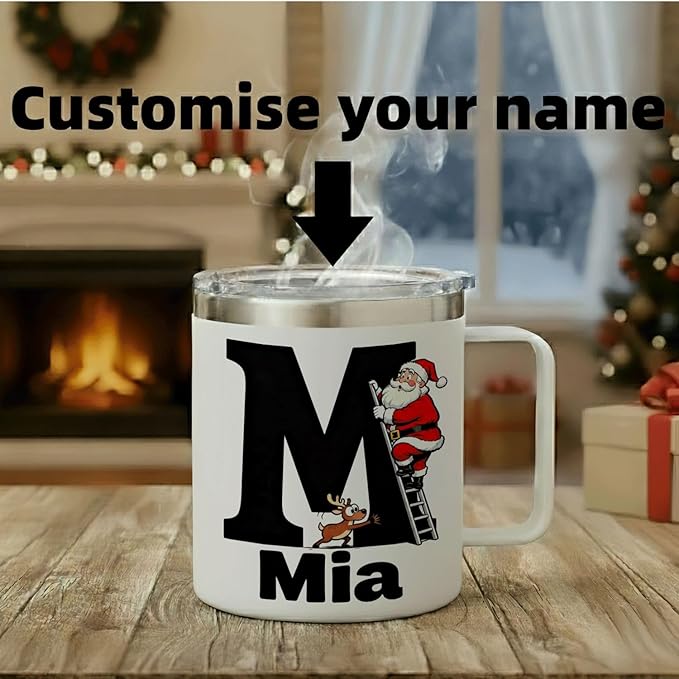 JugJug Personalized Christmas Mug with Initial & Name - Funny Santa Climbing Ladder 12oz Insulated Coffee Cup with Lid - Xmas Gifts for Kids, Boys (B158) - Bloomnest