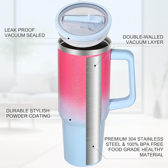 40 oz Tumbler with Handle and Flip Straw Lid, Vacuum Insulated Leak Proof Double Walled Stainless Steel Glitter Travel Mug Tumblers, Maintains Cold Ice and Heat for Hours(Pink Blue Gradient) - Bloomnest