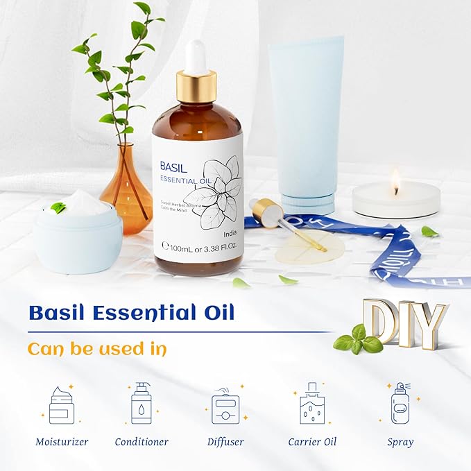 HIQILI Basil Essential Oil, 100% Pure & Natural, Diffuser in Bedroom, Yoga, Mediation for Calming Relaxation Mood, Hair Growth, Body Massage, DIY Sweet Herbal Scented Soap Gifts- 100ML - Bloomnest
