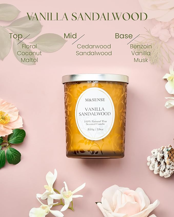 M&SENSE Vanilla Sandalwood Candle, Cracking Wooden Wick Soy Wax, 18oz 100 Hours Long Lasting Clean Burn, Large Jar Candles for Home Scented, Non-Toxic Relaxing Aromatherapy Gifts for Women - Bloomnest