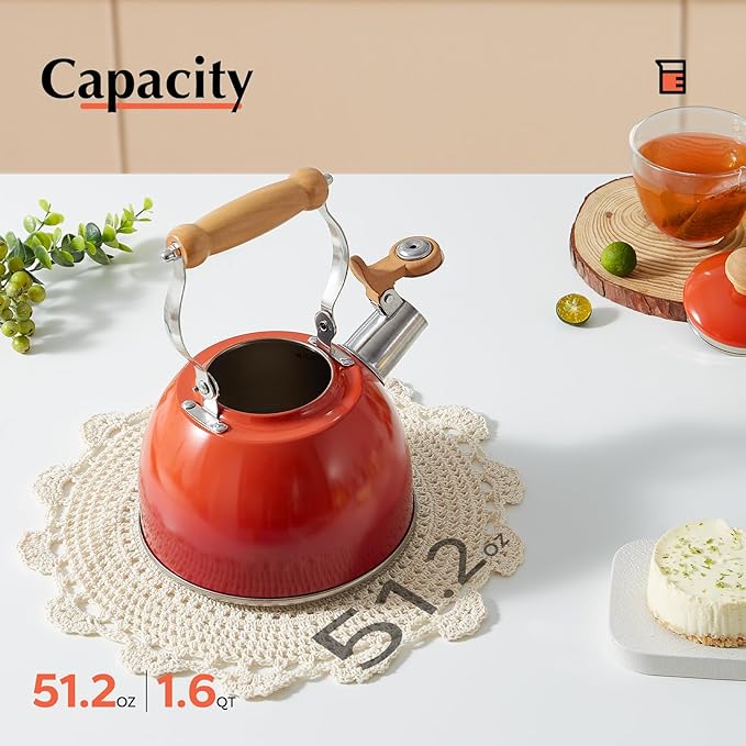 ROCKURWOK Tea Kettle, Tea Pot with Cool Touch Ergonomic Handle, Teapot Food Grade Stainless Steel, Tea Kettle Stovetop, Kettle Teapot, Whistling Tea Kettle, Small Tea Pot, 1.6 Quart (Red) - Bloomnest