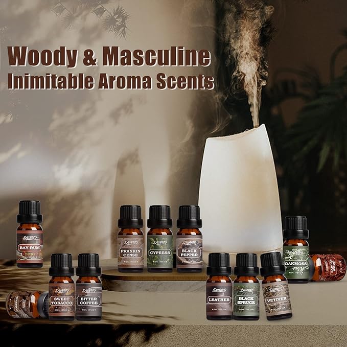 SALUBRITO Gentlement Fragrance Oils Set, Wood Essential Oils Set for Diffuser, Candle, Soap Making, Strong Scented Oil, Sandalwood, Frankincense and More - Bloomnest