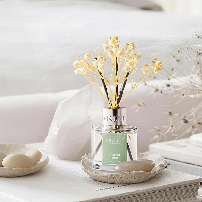 Airkeep Reed Diffuser Set,1.69 fl oz (50 ml) - Jasmine Mint Oil Diffusers with 8 Reed Sticks,Home Fragrance Reed Diffuser for Bathroom Shelf Decor - Bloomnest