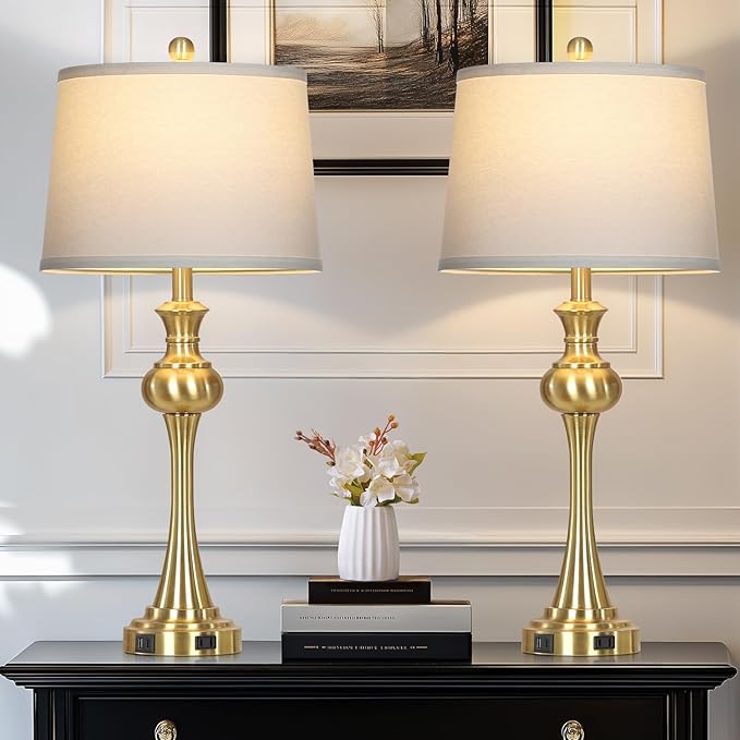 28.75" Gold Table Lamps for Living Room,Touch Lamps for Bedrooms Set of 2 - Nightstand Table Lamp with USB C+A, 3 Way Dimmable Bedside Lamps End Tables, Antique Brass - Bloomnest