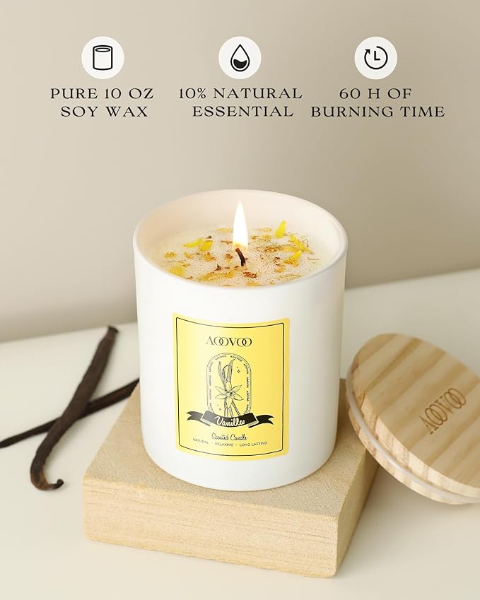 AOOVOO Vanilla Scented Candles for Women - Aromatherapy Candle with Crystals Inside, 10oz Soy Candles for Home Scented, Birthday Gifts Christmas Candle for Women Mom - Bloomnest