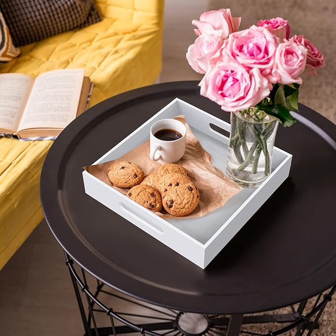 Home Decorative Coffee Table Tray, 10"x10" Elegant Acrylic Serving Trays with Handles Works for Eating, Breakfast, Makeup Drawer Organizer,Bathroom Vanity Table,Ottoman Tray, White - Bloomnest