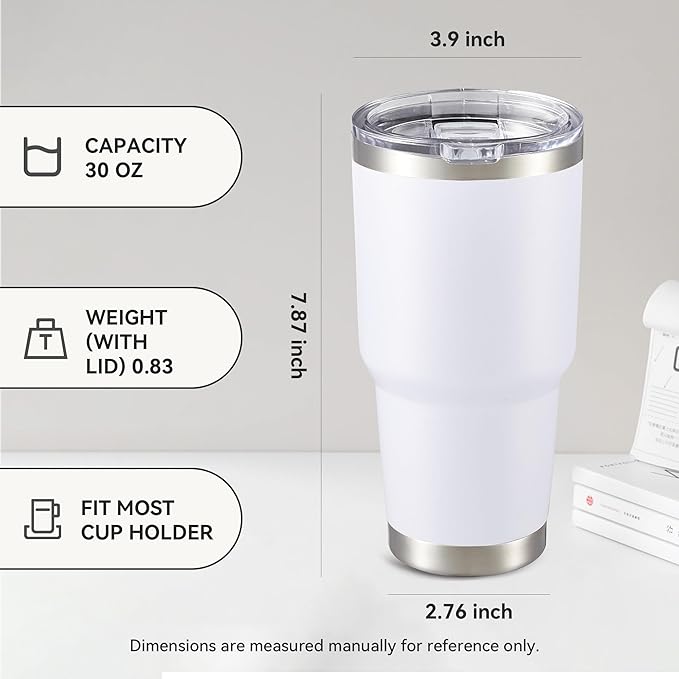 30 oz Tumbler with Lid Stainless Steel Tumblers Bulk Vacuum Insulated Cup Reusable Powder Coated Travel Mug Double Wall Leak Proof Cups Keep Cold Drinks for 12 Hours White, Set of 8 - Bloomnest