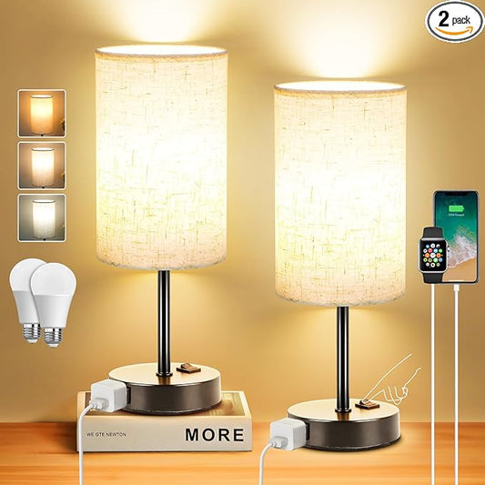 ZJOJO Table Lamp for Bedroom Set of 2, Bedside Small Lamps with 3 Way Dimmable Rocker Switch and AC Outlet, Nightstand Desk Lamp with Flaxen Fabric Shade Black Base for Living Room Home Decor Lights - Bloomnest