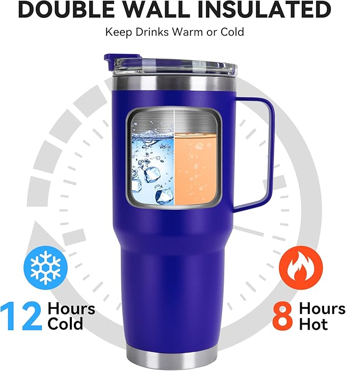30oz Tumbler with Handle, Insulated Leak Proof Coffee Travel Mug with Straw Lid Double Wall Stainless Steel Vacuum Tumblers Metal Cup Keep Hot and Iced Drink for Gym, Office, Camping, Blue 1 Pack - Bloomnest