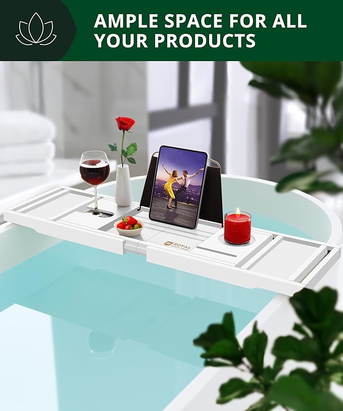 ROYAL CRAFT WOOD Premium Foldable Bathtub Tray - Wood Bath Tray for Tub, Bamboo Shelf, Expandable Bath Table Trays, Bathtub & Bathroom Accessories for New Home & Mothers Day & Birthday Gifts for Mom - Bloomnest