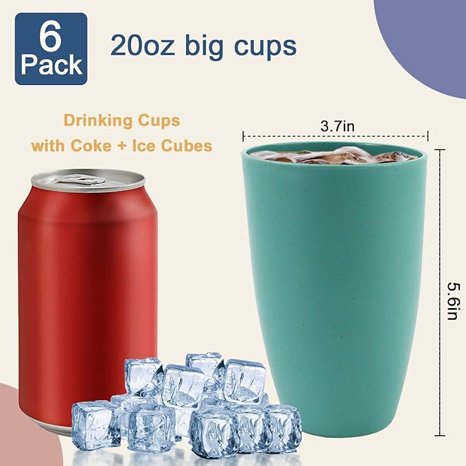 Wheat Straw Cups 20 OZ Large Capacity Set of 6, Unbreakable Drinking Cups Reusable, Alternative to Plastic Cups Reusable, Dishwasher Safe Water Tumblers (Multicolor) - Bloomnest
