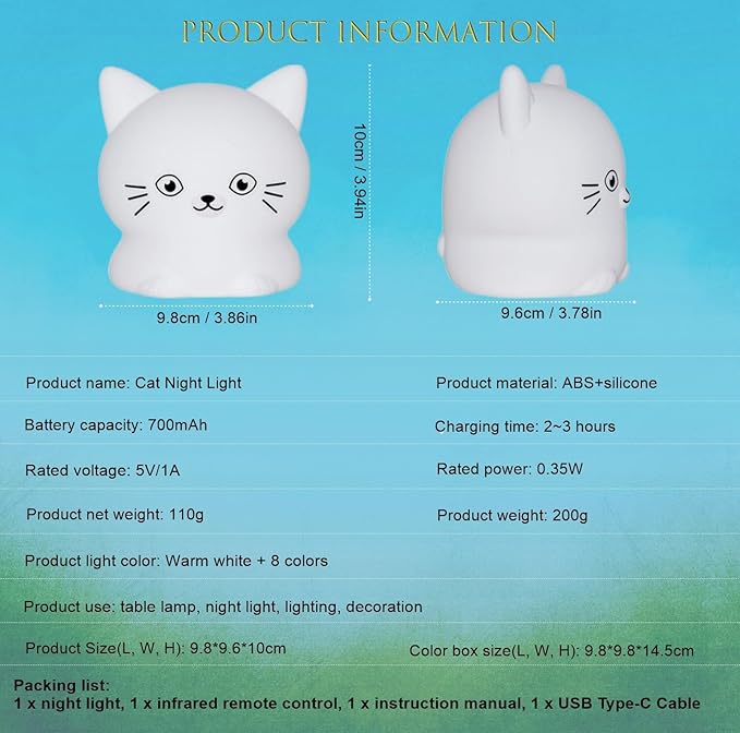 Night Light for Kids Portable Bedside Room Decor Lamp for Bedroom Cute LED Multicolor Gifts for Children Girls Boys Student Teen Girls - Cat - Bloomnest