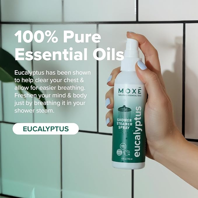 MOXĒ Eucalyptus Oil Shower Mist, Spa Steam Spray, Certified Natural 100% Essential Oils, Made in USA, Aromatherapy, Sinus Congestion Relief, Tension Relief, 4 Ounces - Bloomnest