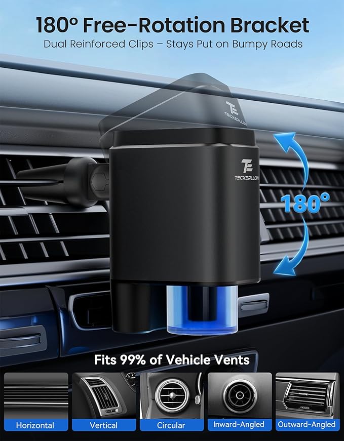 Smart Car Air Freshener, Car Air Freshener Diffuser, Car Diffuser with 360° Rotatable Vent Clip 3 Smart Scent Modes, 6 Refillable Scents for Long Lasting Fragrance - Bloomnest