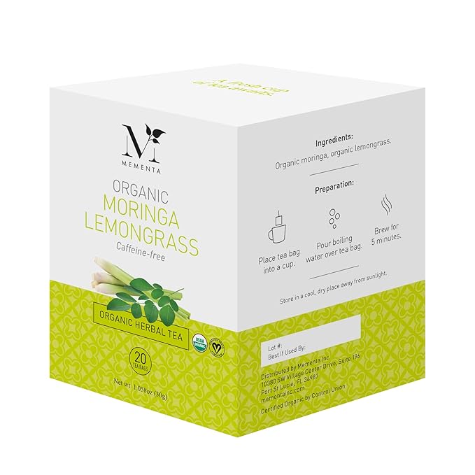 Mementa Inc Organic Moringa Lemongrass Herbal Tea Bags - 20 Individually Wrapped Bags Per Box, Pack of 6 Boxes - Premium Natural Ingredients for a Refreshing and Healthy Beverage - Bloomnest
