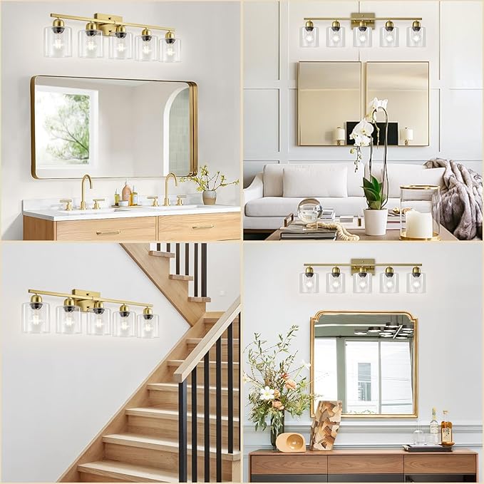 Modern Brushed Gold 5 Light Bathroom Vanity Light,31 inch Vanity Lights for Bathroom with Clear Glass for Mirror Kitchen Living Room Hallway Cabinet Porch - Bloomnest