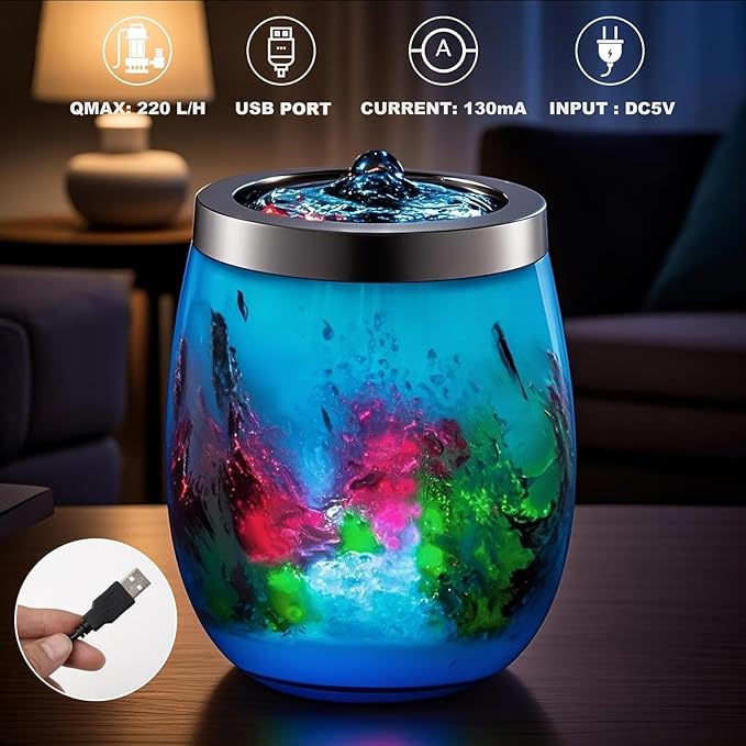 VOREEN Handblown Glass Tabletop Fountain - Art Glass Indoor Fountain with Color-Changing Glow - Artistic Indoor Water Feature with Optional Aromatherapy for Home, Spa, Office Décor - Blue - Bloomnest