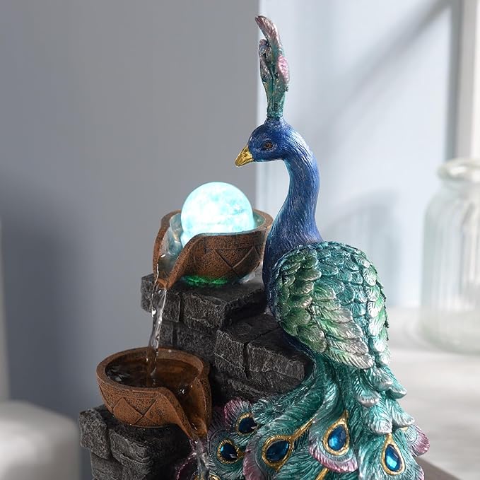 Tabletop Water Fountain Decor, Peacock with LED Glass Color Changing Globe,Relaxation Decorative Desktop Water Zen Fountain for Home/Office,Living Room Décor.13.78" Tall