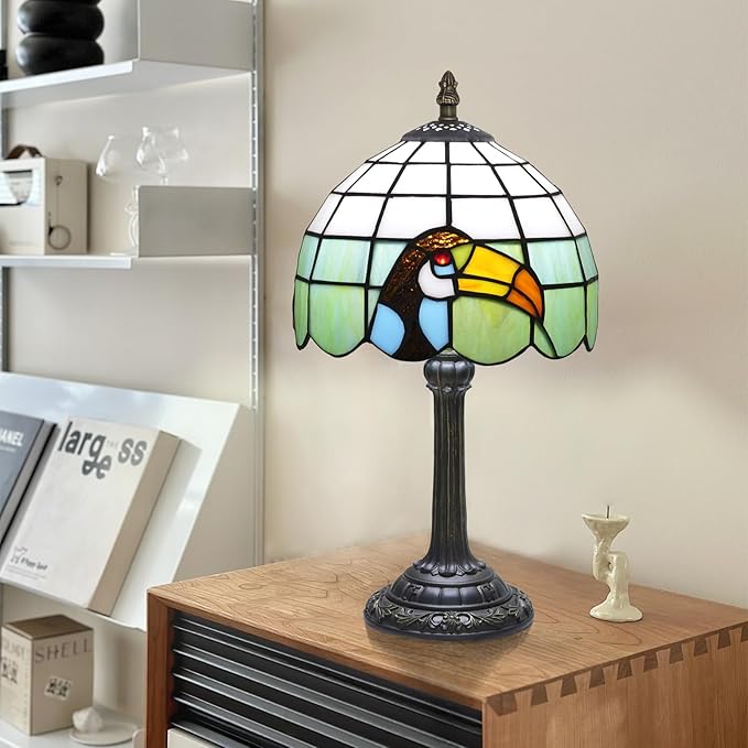 Tiffany lamp 8 inch stained glass lamp European retro black toucan warm color reading bedside lamp suitable for bedrooms dormitories studies antique home decoration art handicrafts (green and white) - Bloomnest