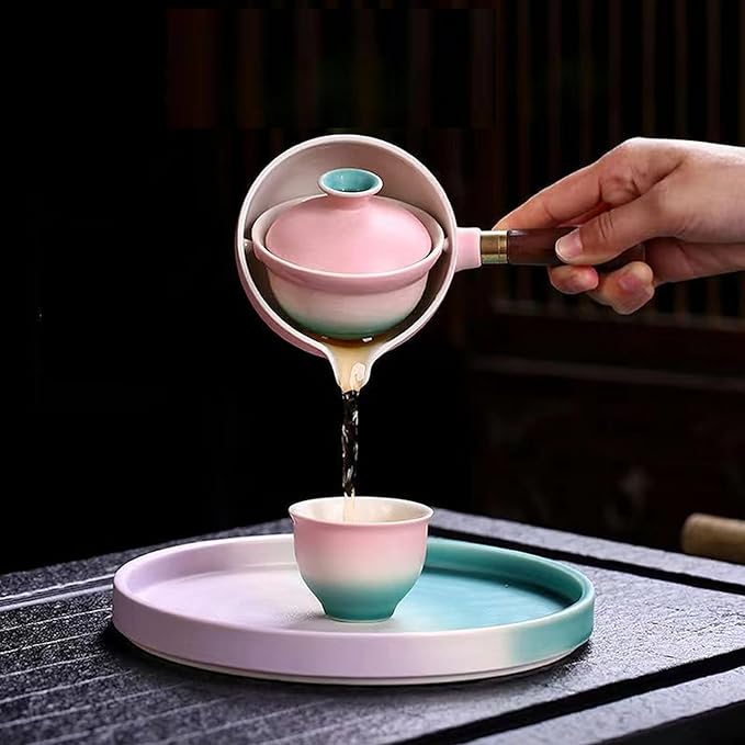 Ceramic Portable Travel Tea Set, Chinese Kungfu Tea Set with 360 Rotation Teapot and Infuser, 4 Tea Cups, Tea Tray And Travel Bag (Peach Red)