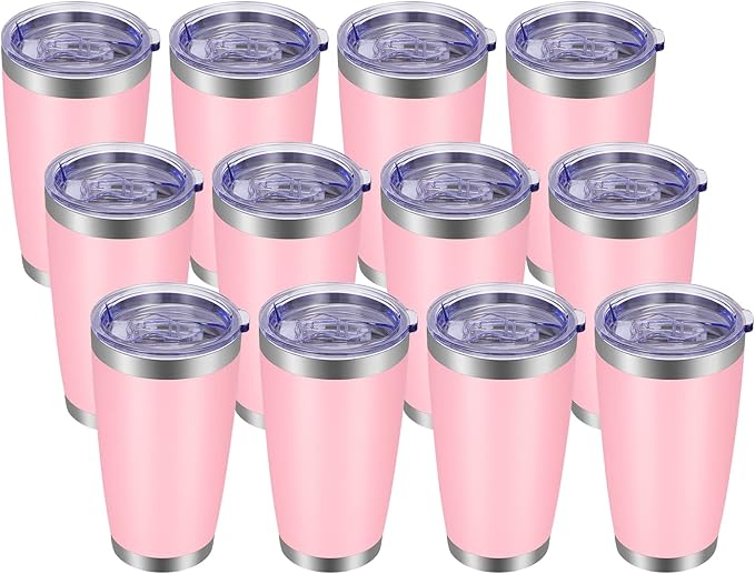 VEGOND 20oz Tumbler with Lid and Straw Stainless Steel Tumbler Cup Bulk Vacuum Insulated Double Wall Travel Coffee Mug Powder Coated Coffee Cup(Pink 12 Pack