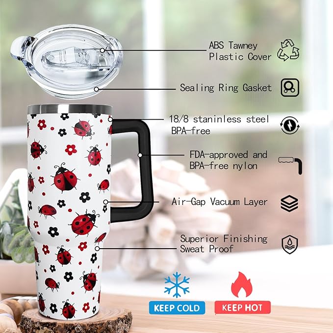 Ceovfoi 40 Oz Ladybug Tumbler With Handle - Coffee Travel Mug Cup Water Bottle, Strawberry Decor - Gifts for Women - Bloomnest