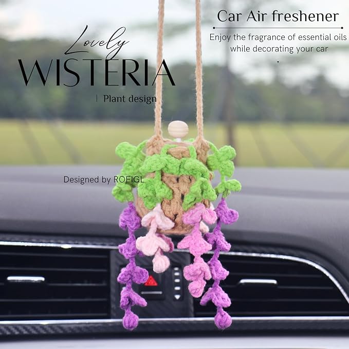 Handmade Crochet Hanging Car Air Freshener - Botanical Wisteria Blossom Design with 12ml Refillable Glass Essential Oil Bottle, Long-Lasting Car Diffuser & Nature-Inspired Decor - Bloomnest