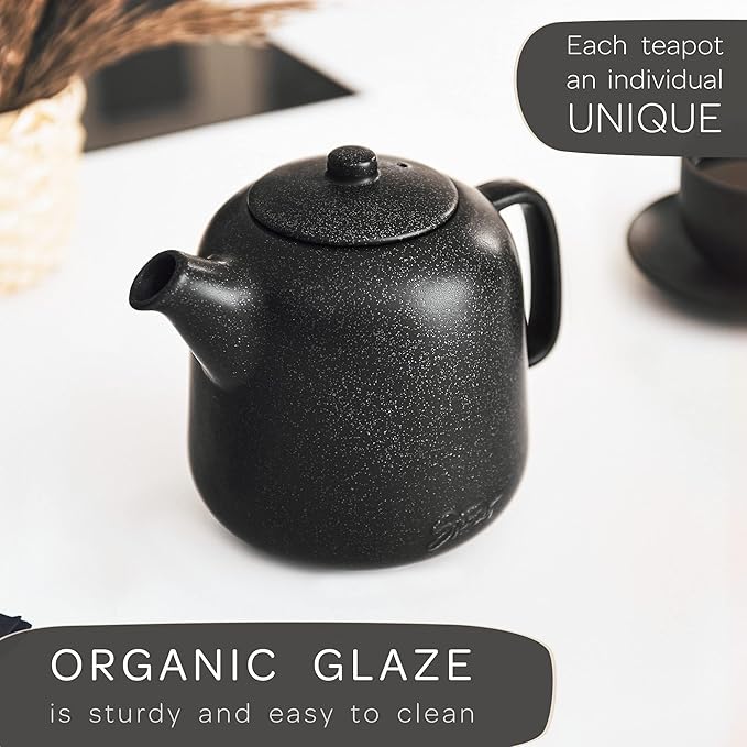 Steinzeit Design Tea Pot (44 oz) - Premium Ceramic Teapot with Infuser for Loose Tea - Black Teapot Ceramic with Removable Strainer - Bloomnest