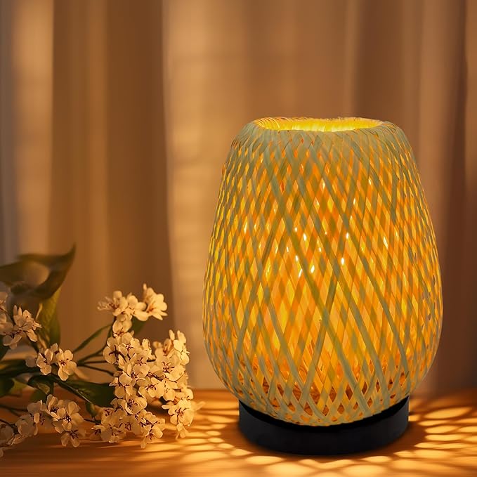 Boho Woven Nightstand Table Lamp - Rattan 3 Color Temperature Handmade Rattan Bamboo Lamp for Bedroom, Living Room - Bloomnest