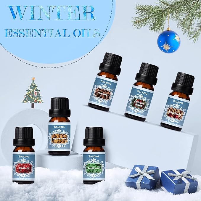 SALKING Winter Set of Scented Oils, Premium Fragrance Essential Oils Gift Set for Diffuser, Soap & Candle Making Scents - Cinnamon, Christmas Wreath, Sugar Cookie, Cranberry, Peppermint, Gingerbread - Bloomnest
